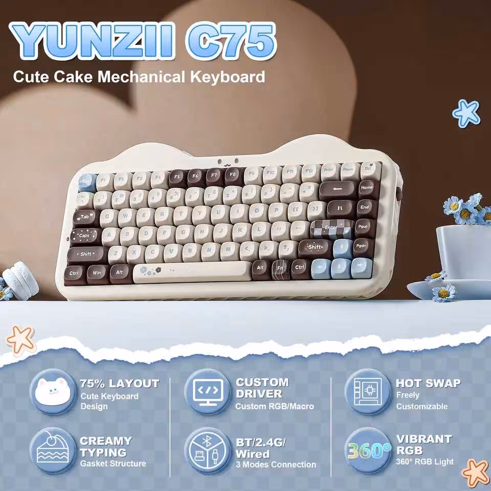 Clavier mécanique YUNZII C75 avec détails de caractéristiques et design.