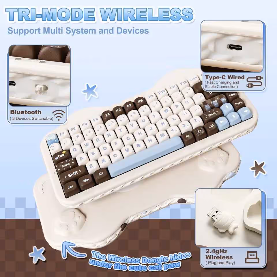 Support tri-mode du clavier YUNZII C75 avec dongle sans fil.