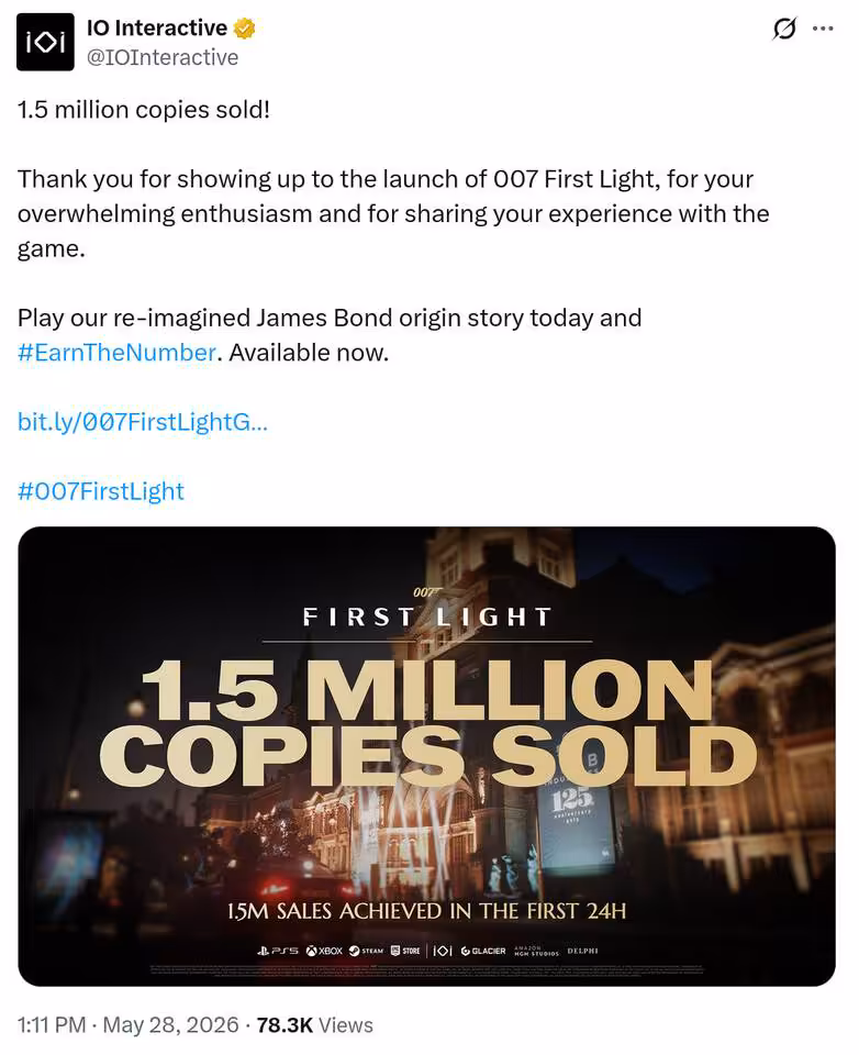 Capture d’écran d’un post IO Interactive annonçant 1,5 million d’exemplaires vendus pour 007 First Light