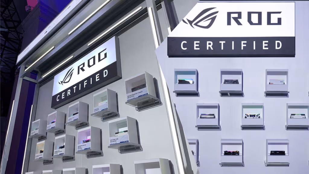 Présentation modules mémoire ROG Certified dans vitrines encastrées, contraste faible.