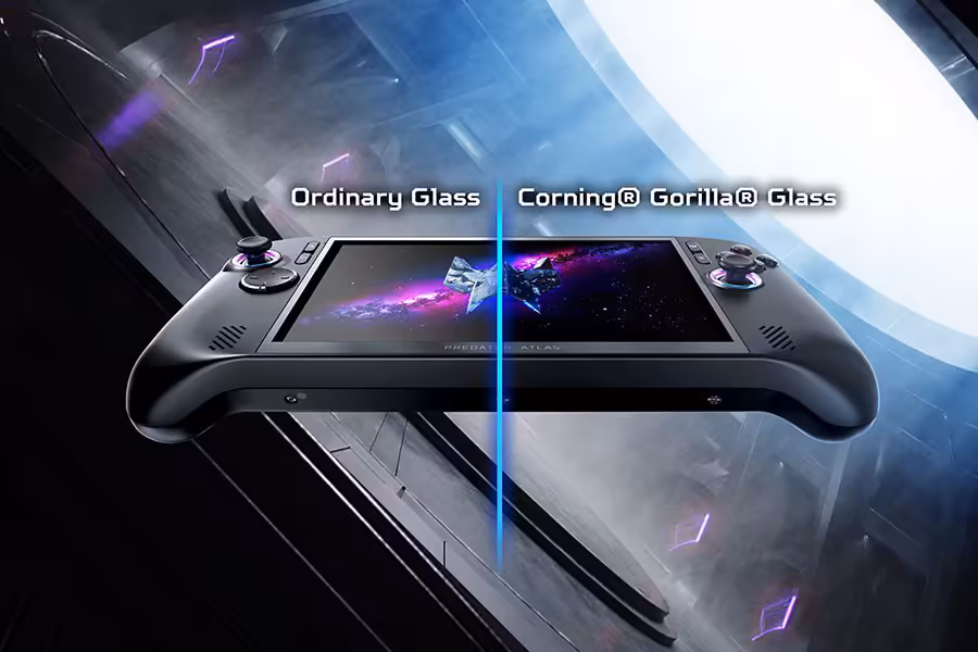 Console portable avec comparaison verre ordinaire et Gorilla Glass fond spatial