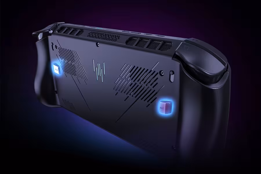 Vue arrière console détails éclairage bleu et rose fond sombre