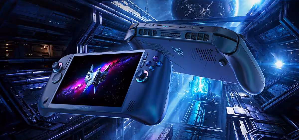 Console portable design futuriste avec éclairage galactique fond spatial fort contraste bleu violet