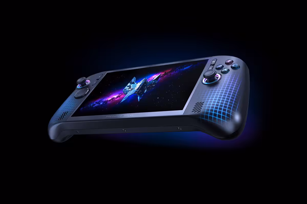 Console en perspective avec motifs géométriques bleu fond noir