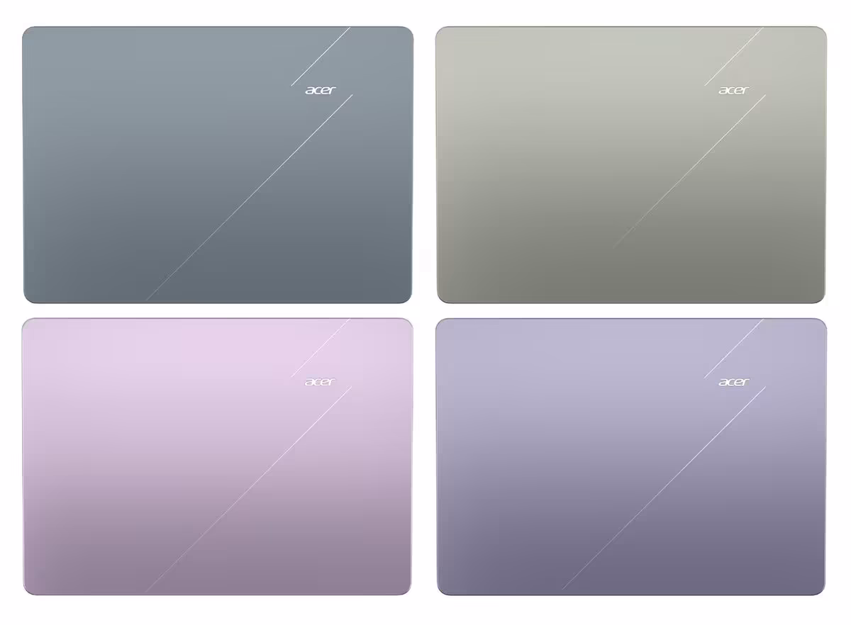 Quatre variantes couleur du Acer Swift Air 14 fermées, vue arrière minimaliste avec logo Acer.