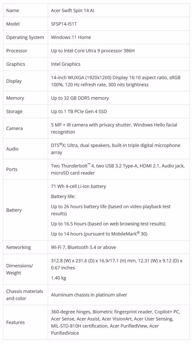 Tableau de spécifications du Acer Swift Spin 14 AI, avec Intel Core Ultra, écran 14 pouces et charnière 360°.