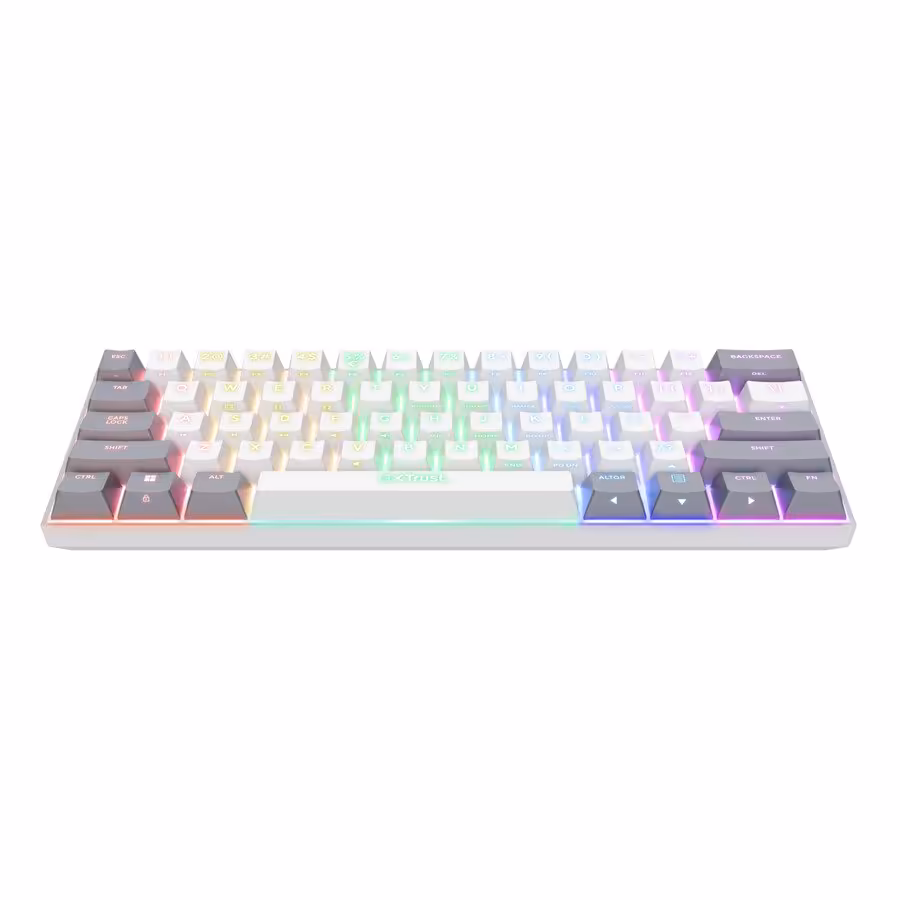 Acira Tri-Mode, le clavier 60 % sans-fil de Trust passe au tri-mode à 69,99 euros 2 Clavier Trust 60 % blanc, vue de face, rétroéclairage RGB pastel sur fond blanc
