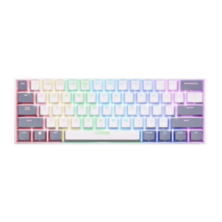 Acira Tri-Mode, le clavier 60 % sans-fil de Trust passe au tri-mode à 69,99 euros 3 Clavier Trust 60 % RGB blanc, vue de dessus avec légendes de touches visibles