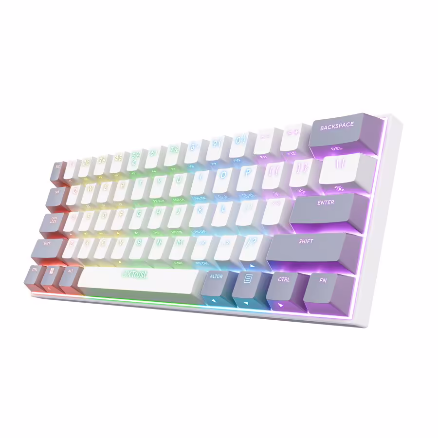 Acira Tri-Mode, le clavier 60 % sans-fil de Trust passe au tri-mode à 69,99 euros 5 Clavier Trust 60 % blanc RGB, vue en perspective trois quarts sur fond blanc