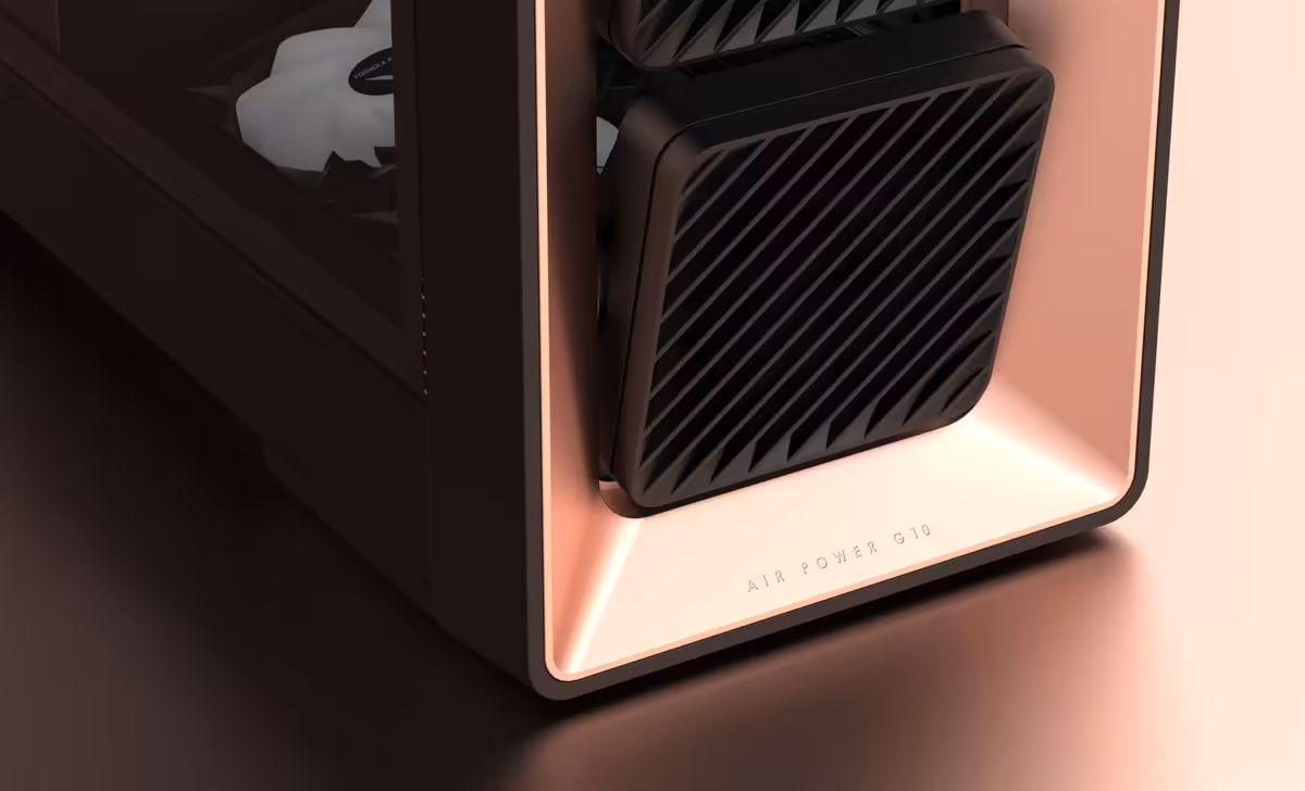 Air Power G10 : Formula V Line mise sur des ventilateurs frontaux orientables au Computex 2026 3 Gros plan de la façade blanche du boîtier Formula V Line Air Power G10 avec ventilateur avant