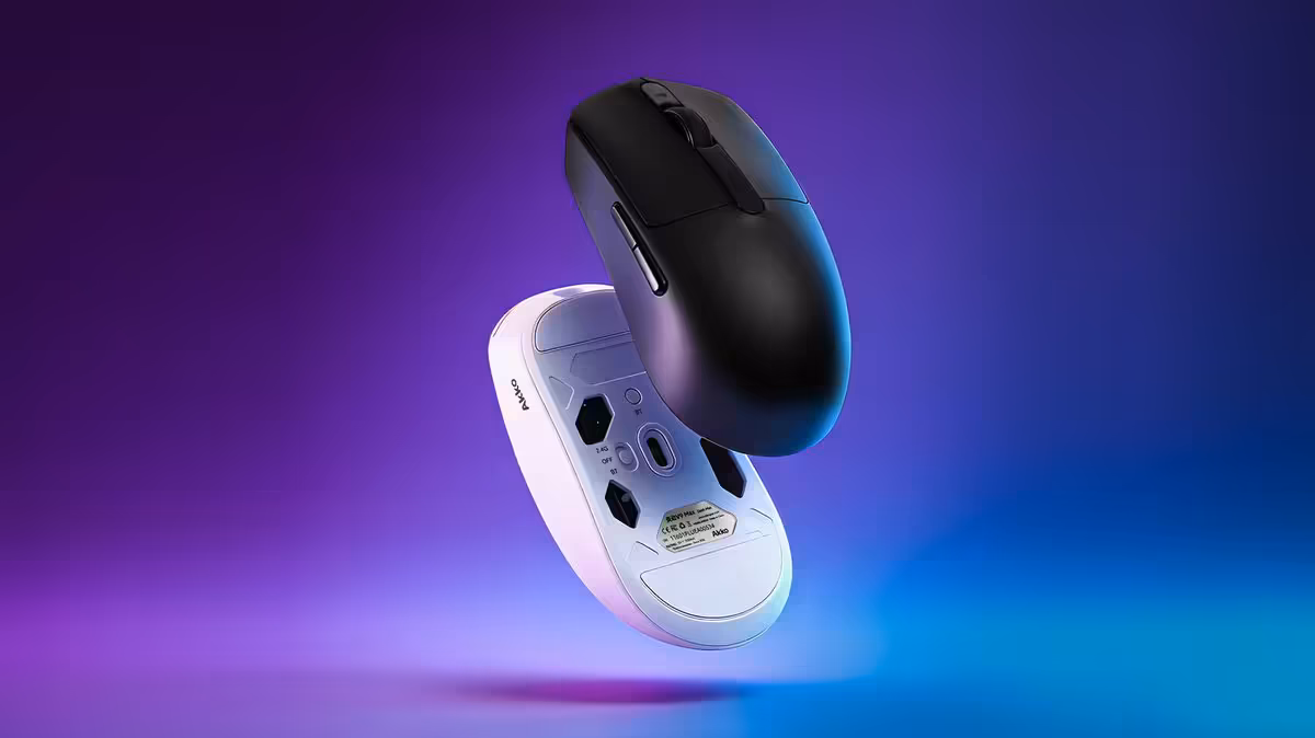 Akko Dash Master : une souris gaming de 40 g avec PAW 3955 et polling 8 kHz 3 Deux souris Aulac noires et blanches en lévitation sur fond dégradé violet et bleu