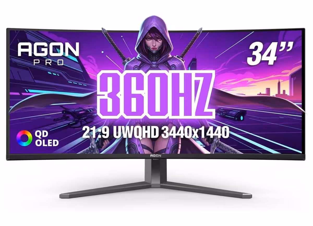 Moniteur AOC Agon Pro AGP346UCSD 34 pouces, arrière-plan violet, texte 360Hz sans prix.