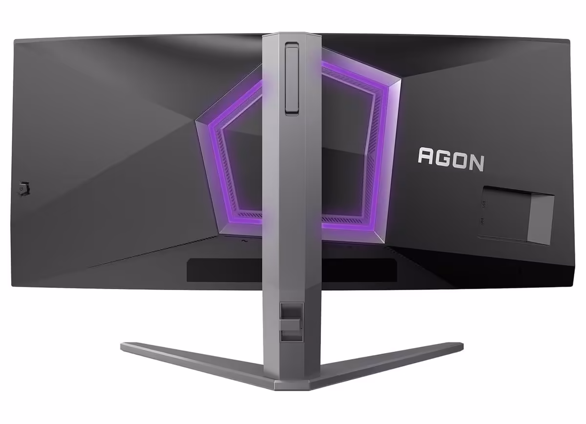 Vue arrière moniteur AOC Agon Pro avec éclairage violet, design géométrique.
