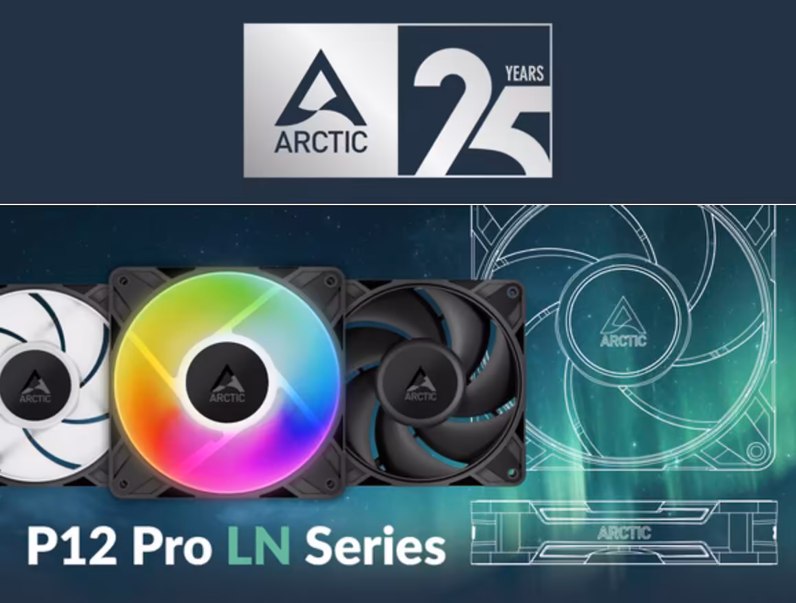 Arctic P12 Pro LN : une nouvelle série 120 mm taillée pour le silence et la pression 2 Présentation graphique de la série Arctic P12 Pro LN avec logo du 25ème anniversaire.
