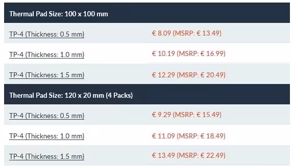 Tableau comparatif des prix des pads thermiques ARCTIC TP-4 selon taille et épaisseur