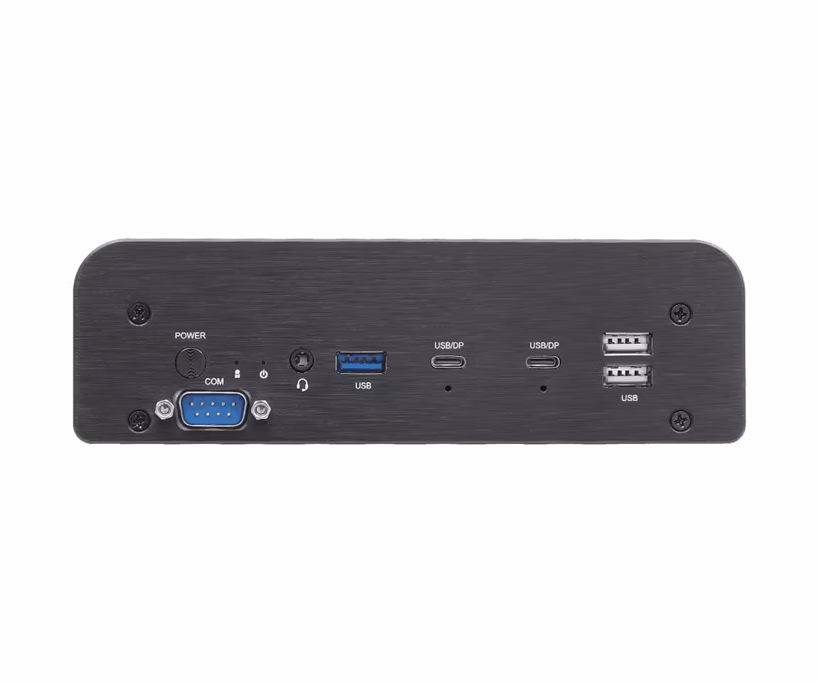 ASRock iBox : les Mini PC fanless passent à Intel Core Ultra X7 358H et Ultra 5 325 3 Façade du mini PC fanless noir avec port VGA, USB 3.0, USB-C et double USB