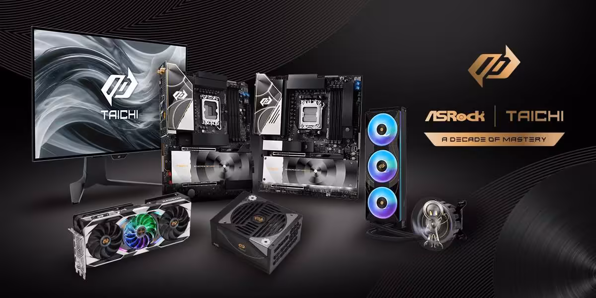 RX 9070 XT Taichi 10th Anniversary : ASRock tease une édition limitée pour Computex 2 Assemblage de produits ASRock Taichi, incluant carte graphique et composants sur fond sombre.