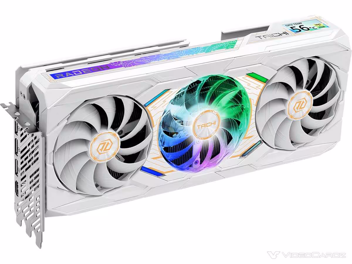 RX 9070 XT Taichi 10th Anniversary : ASRock tease une édition limitée pour Computex 4 Carte graphique ASRock blanche avec ventilateurs RGB sur fond blanc.
