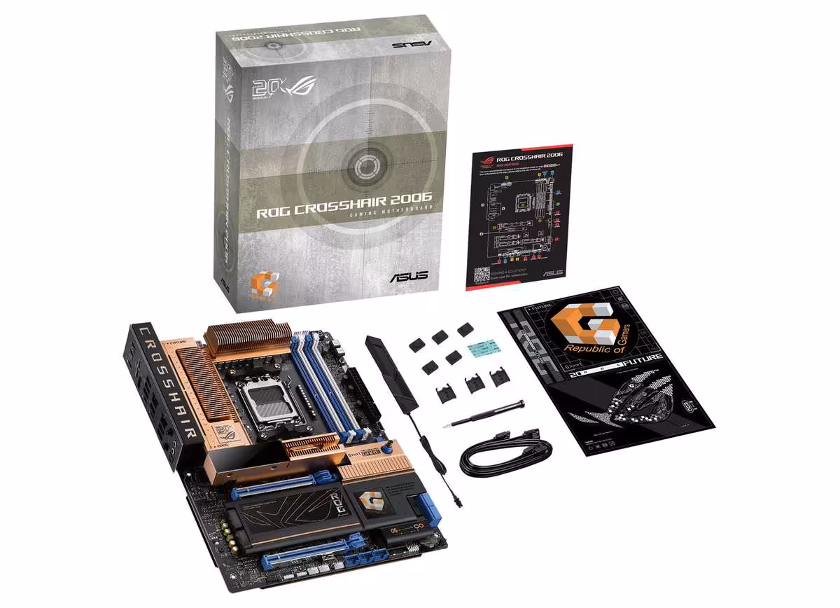 ASUS ROG Crosshair 2006 avec accessoires et boîte, vue détaillée produit et packaging