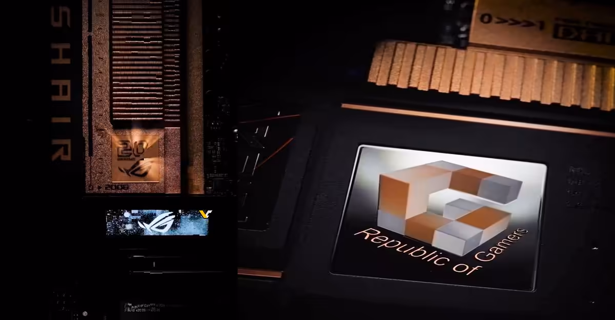 Logo Republic of Gamers sur fond sombre avec composants partiellement visibles