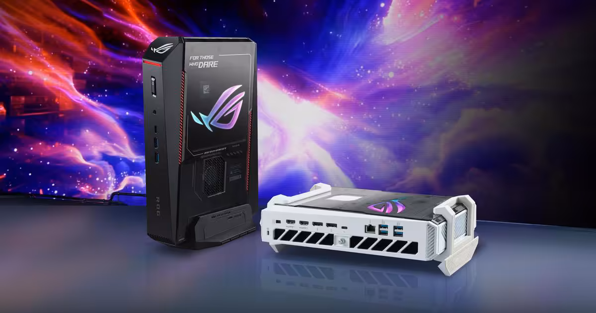 ROG NUC 16 : ASUS passe au Core Ultra 9 290HX Plus et grimpe déjà vers 4 500 $ 2 ASUS ROG mini PC noir et blanc avec fond cosmos coloré vibrant.