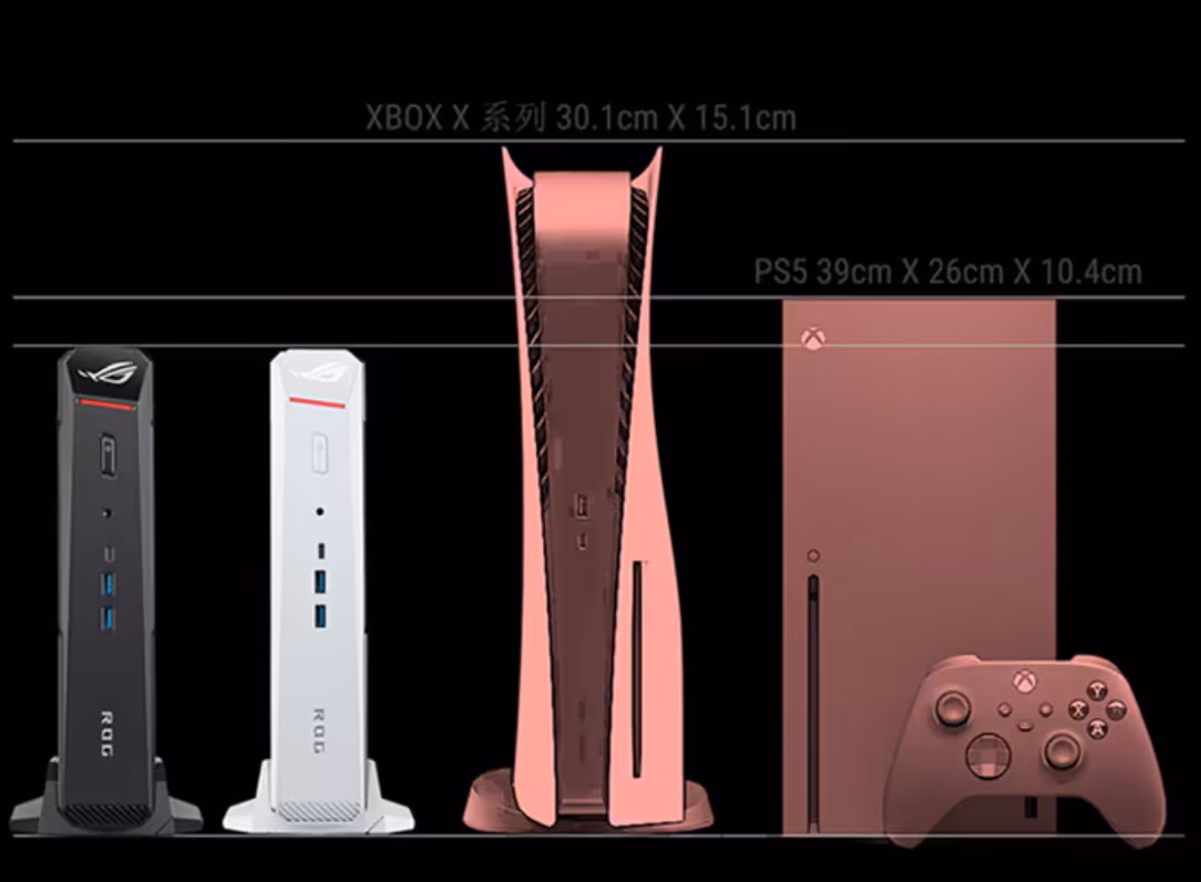 ROG NUC 16 : ASUS passe au Core Ultra 9 290HX Plus et grimpe déjà vers 4 500 $ 4 Comparaison ROG, PS5, Xbox séries en taille sur fond noir.