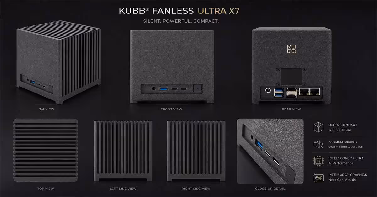 Kubb Fanless passe au Core Ultra X7 358H, un cube passif de 12 cm à 1 850 euros 2 Présentation détaillée Kubb Fanless Ultra X7 avec plusieurs vues et caractéristiques sur fond sombre