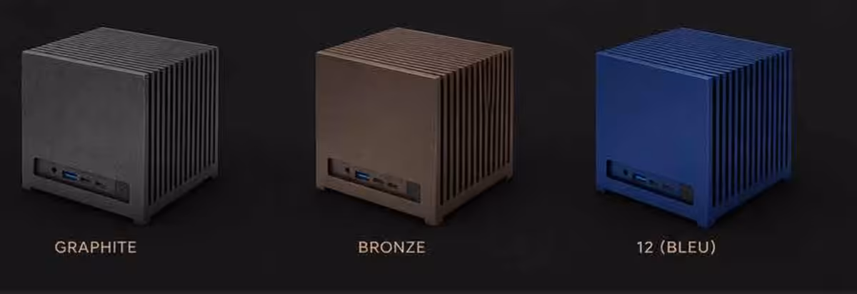 Kubb Fanless passe au Core Ultra X7 358H, un cube passif de 12 cm à 1 850 euros 3 Mini PC Kubb en graphite, bronze, bleu sur fond noir, contraste modéré