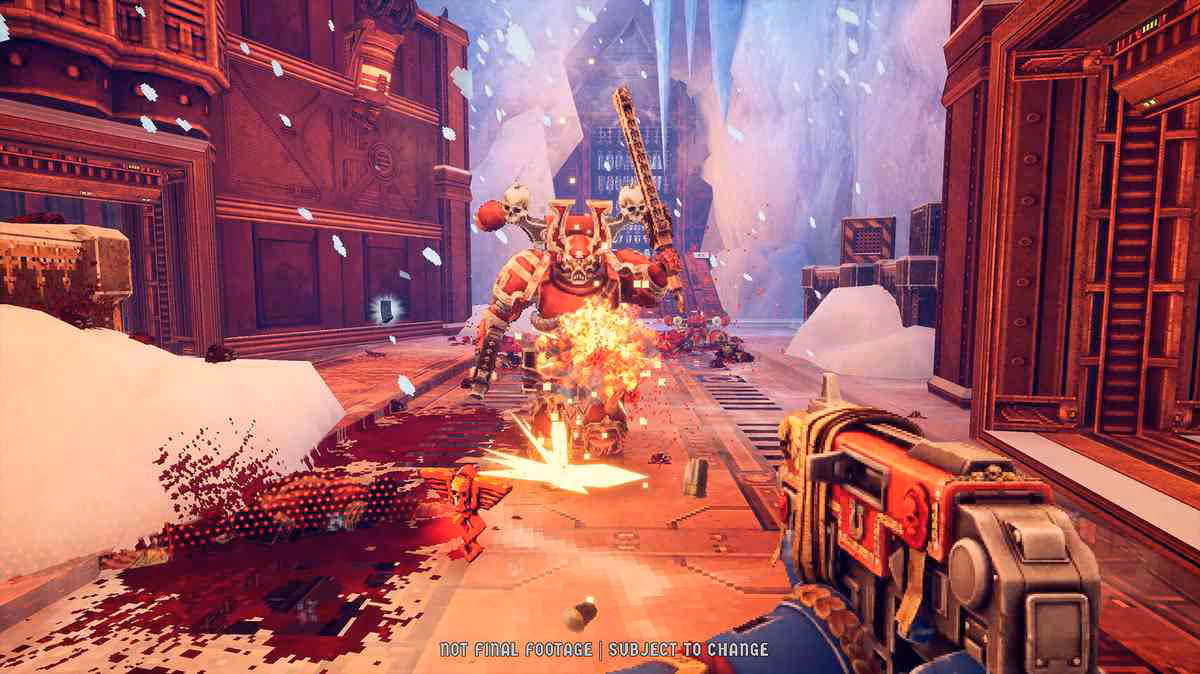 Combat en vue subjective dans un décor enneigé, Space Marine frappant un ennemi, Boltgun 2
