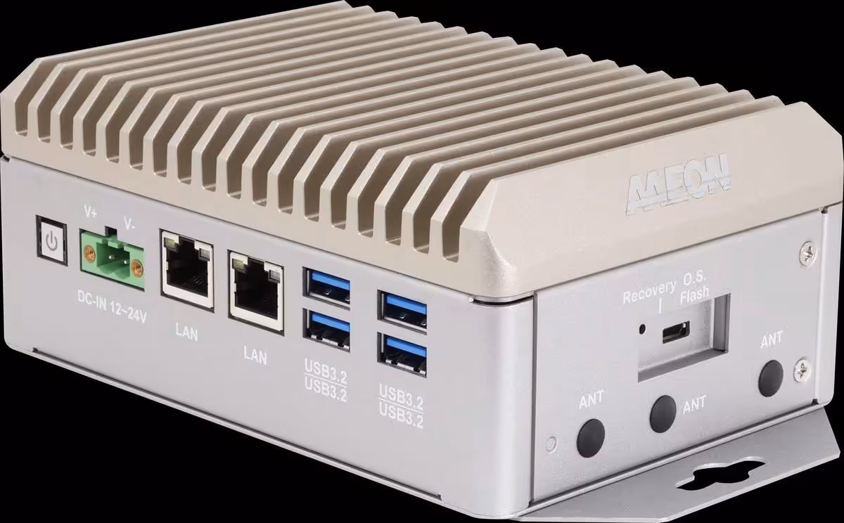 Mini PC AAEON BOXER-865xAI-PLUS beige, vue arrière avec ports USB, LAN, alimentation et emplacement eMMC
