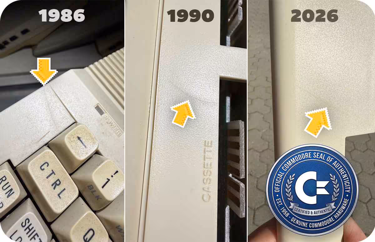 Comparaison de textures Commodore C64C: 1986, 1990, 2026 avec sceau d'authenticité.