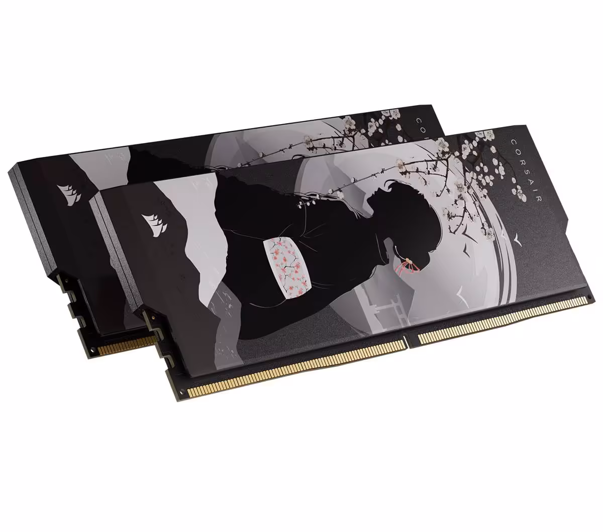 Corsair SHUGO DDR5 : une RAM collector à 6 000 MT/s CL28 pensée pour le modding 2 Deux modules RAM Corsair SHUGO DDR5 noirs empilés, motif floral japonais et silhouette