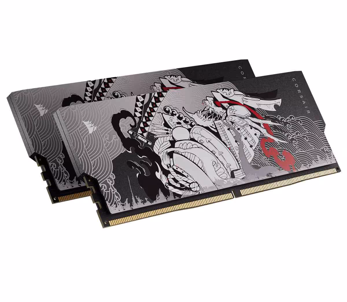 Corsair SHUGO DDR5 : une RAM collector à 6 000 MT/s CL28 pensée pour le modding 3 Deux barrettes Corsair SHUGO DDR5 avec design gris, noir et touches rouges, vue produit
