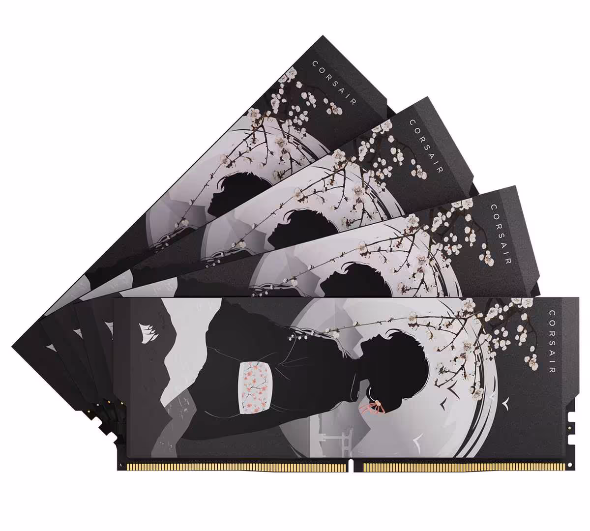 Corsair SHUGO DDR5 : une RAM collector à 6 000 MT/s CL28 pensée pour le modding 5 Quatre barrettes Corsair SHUGO DDR5 alignées, motif artistique japonais et logo Corsair visible