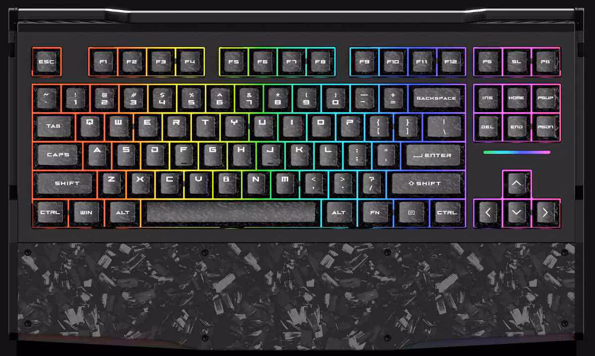 DAREU GT87 : un clavier magnétique TMR à 8000 Hz qui vise aussi le vrai feeling méca 4 Vue de dessus du clavier DAREU GT87 avec touches RGB et châssis noir transparent