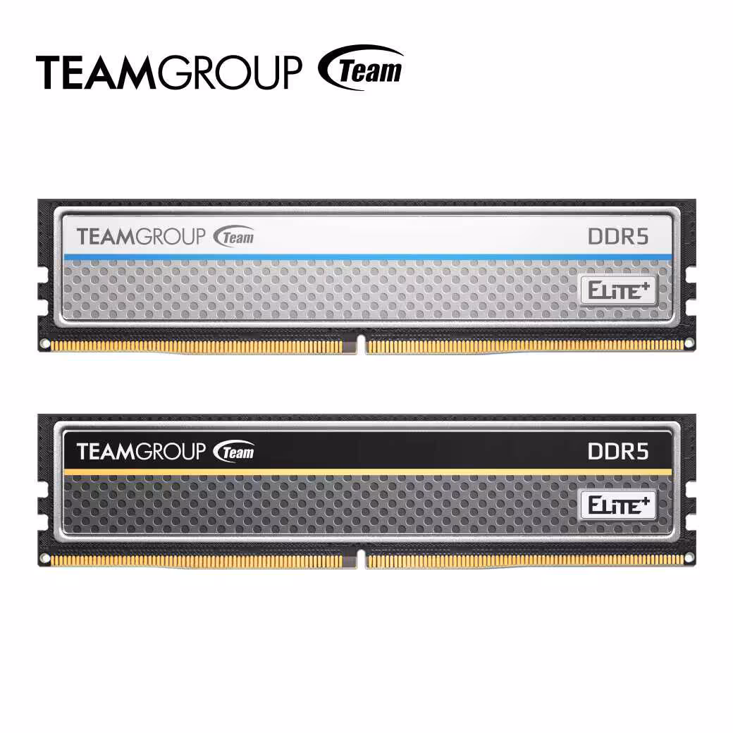 Deux barrettes de RAM DDR5 Team Group ELITE avec différentes bordures de couleurs.