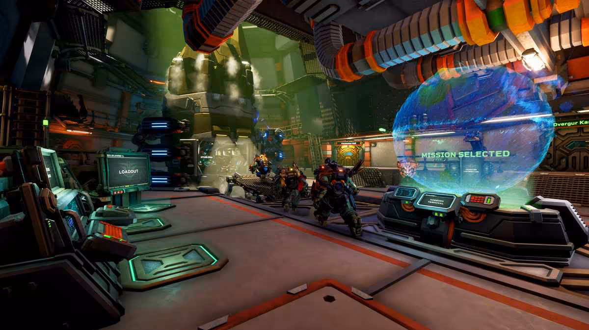 Base spatiale du jeu Deep Rock Galactic avec interface holographique et personnages en armure