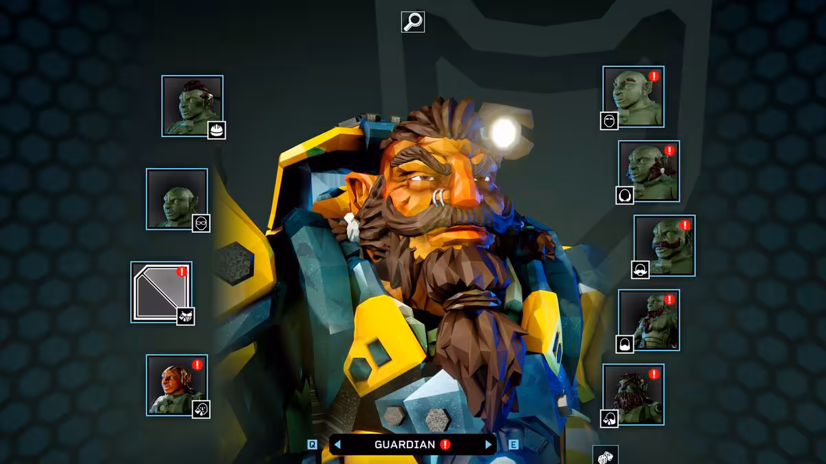 Écran de sélection de personnage Guardian dans Deep Rock Galactic, avec portrait et options d’équipement