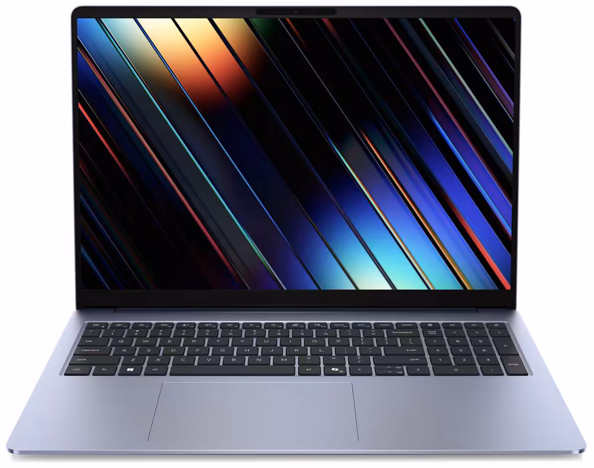 PC portable Dell gris argenté, vue de face, écran ouvert avec clavier AZERTY visible