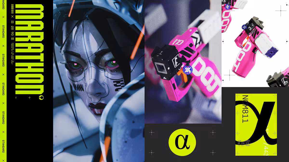 Visuel Bungie Marathon avec personnage masqué, logo Marathon et éléments graphiques néon rose et noir