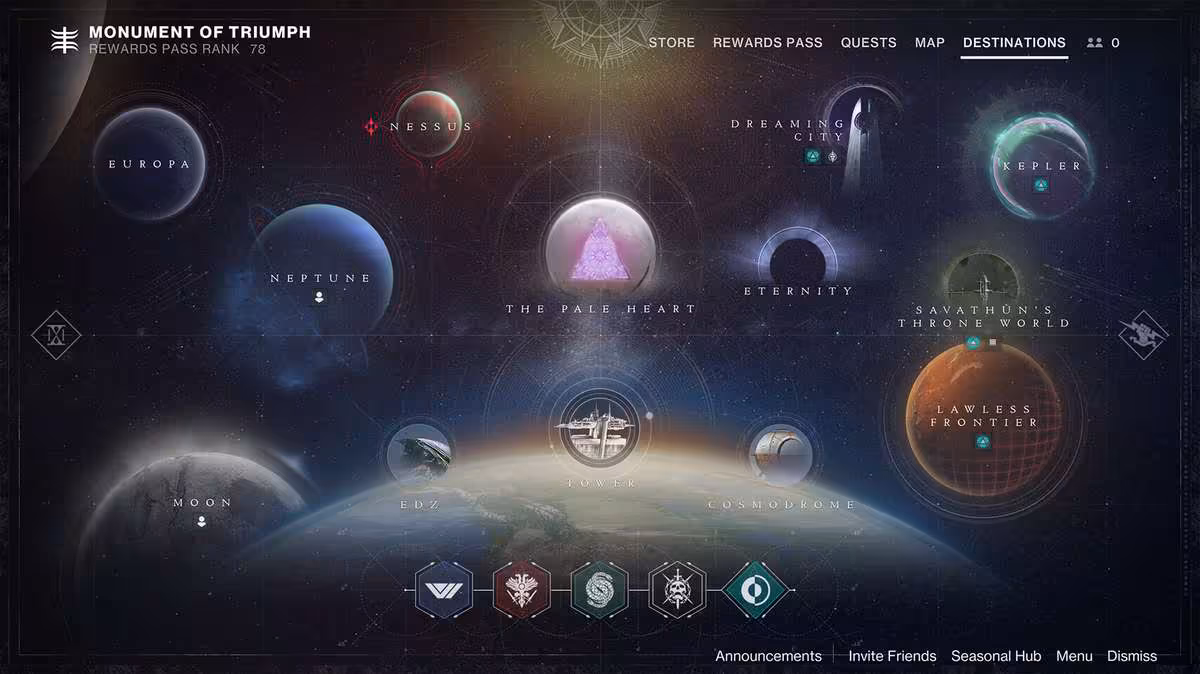 Destiny 2 s'arrête en juin 2026 : Bungie acte la fin du suivi avec Monument of Triumph 2 Interface Monument of Triumph de Destiny 2 avec destinations planétaires et menu de récompenses