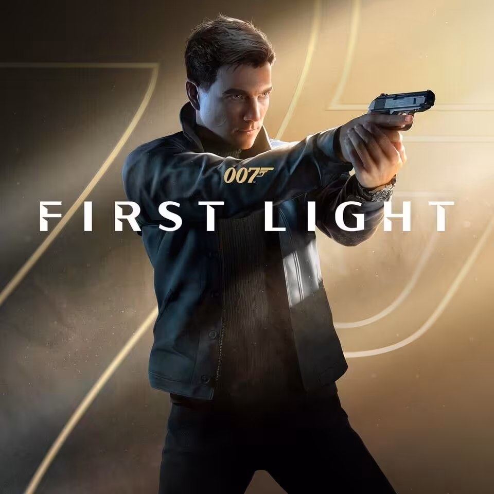Personnage armé du jeu 007 First Light sur fond doré