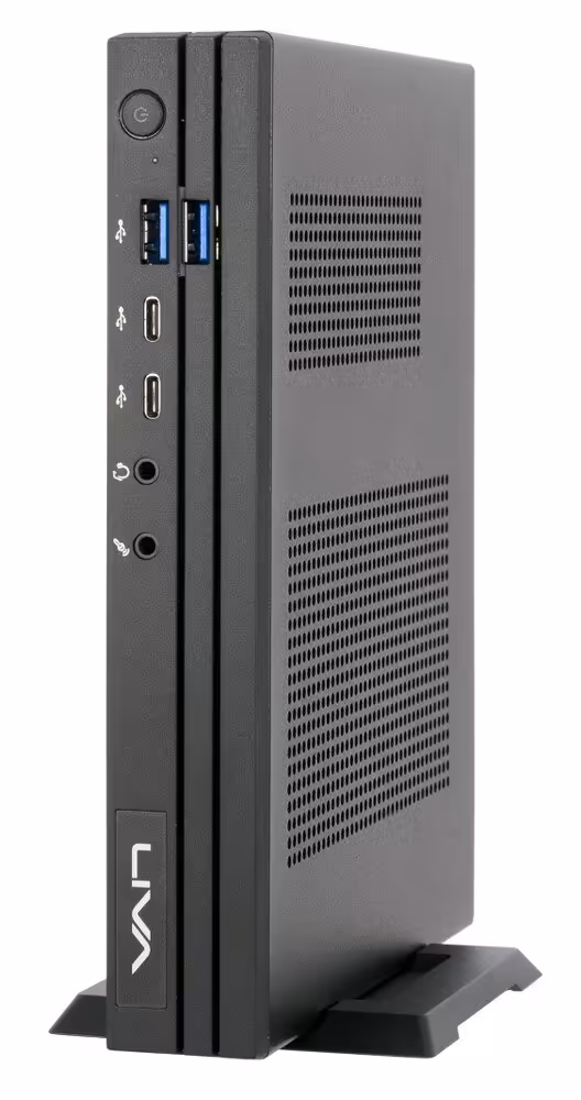 ECS COMPUTEX 2026 : LIVA, cartes mères et IA locale au cœur du salon de Taipei 5 Mini PC ECS LIVA vertical sur pied, façade USB-C, USB-A et sorties audio visibles