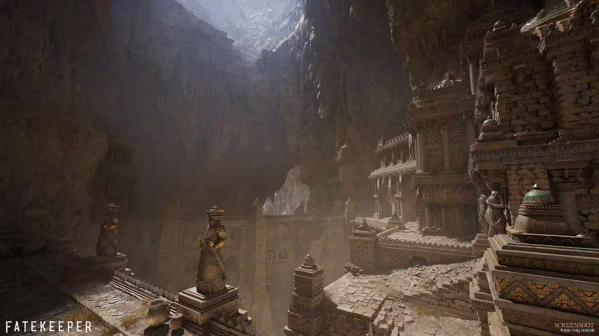 Fatekeeper sortira en accès anticipé le 2 juin sur Steam avec son ARPG en vue FPS 2 Sanctuaire de pierre dans un canyon, vue d’environnement in-game de Fatekeeper