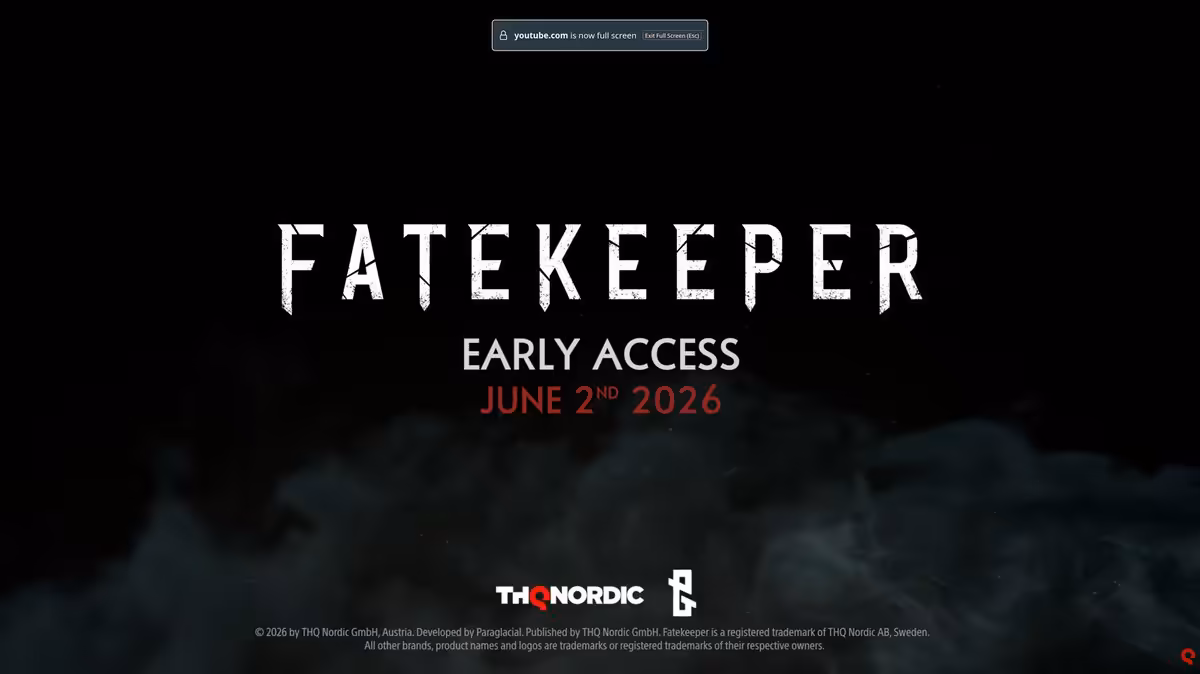 Fatekeeper sortira en accès anticipé le 2 juin sur Steam avec son ARPG en vue FPS 3 Écran titre Fatekeeper Early Access, date de sortie le 2 juin 2026, logo THQ Nordic