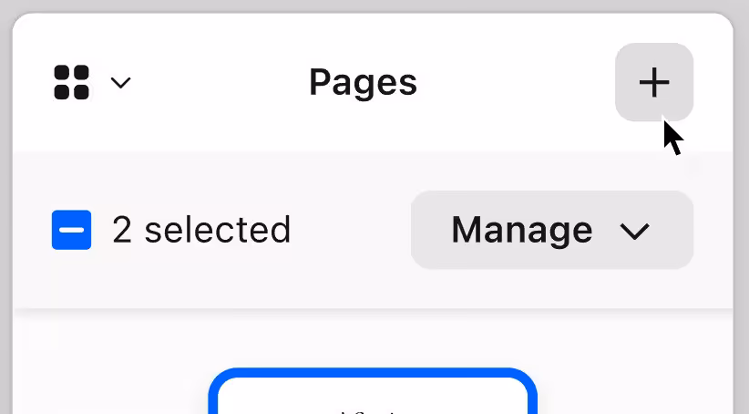 Menu Pages de Firefox avec bouton plus, option Manage et curseur visible à droite.