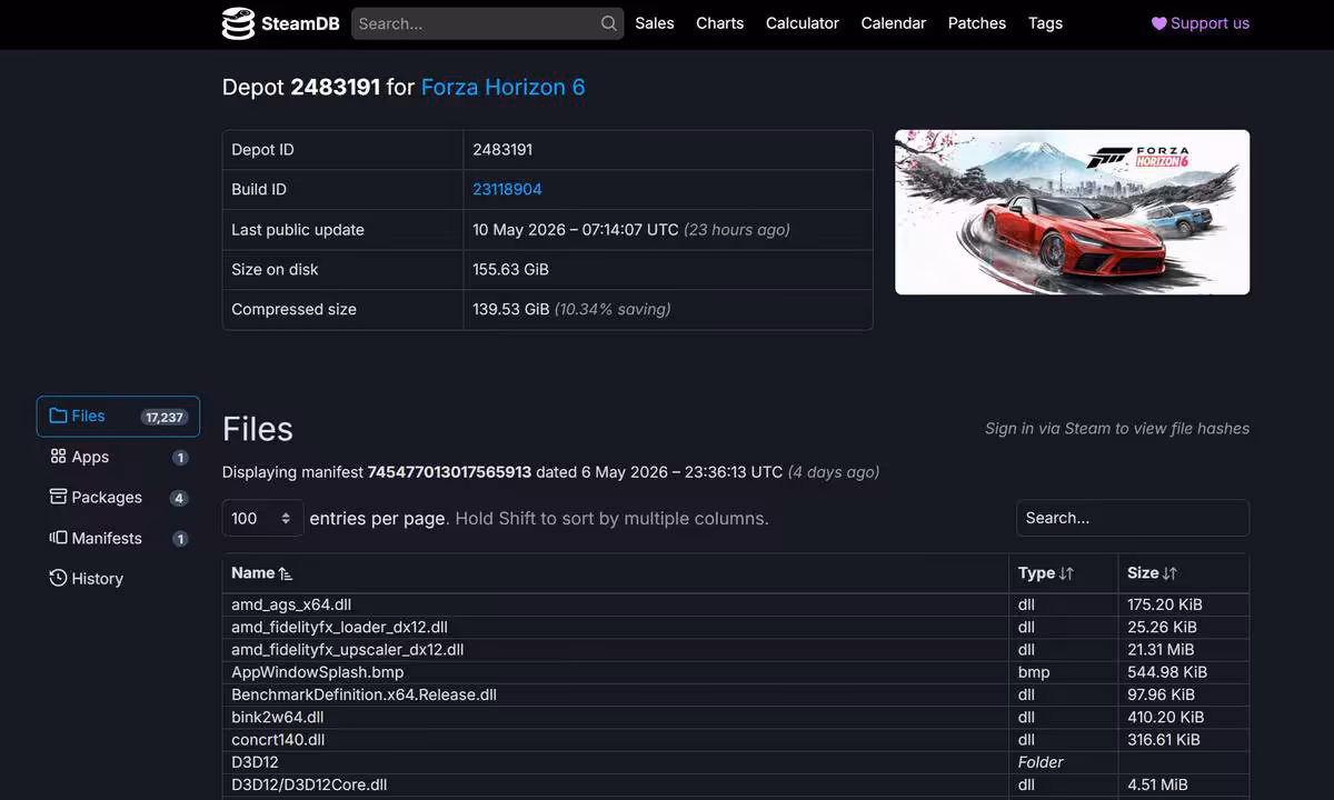Capture écran SteamDB détails leak Forza Horizon 6 avec texte et miniature voiture