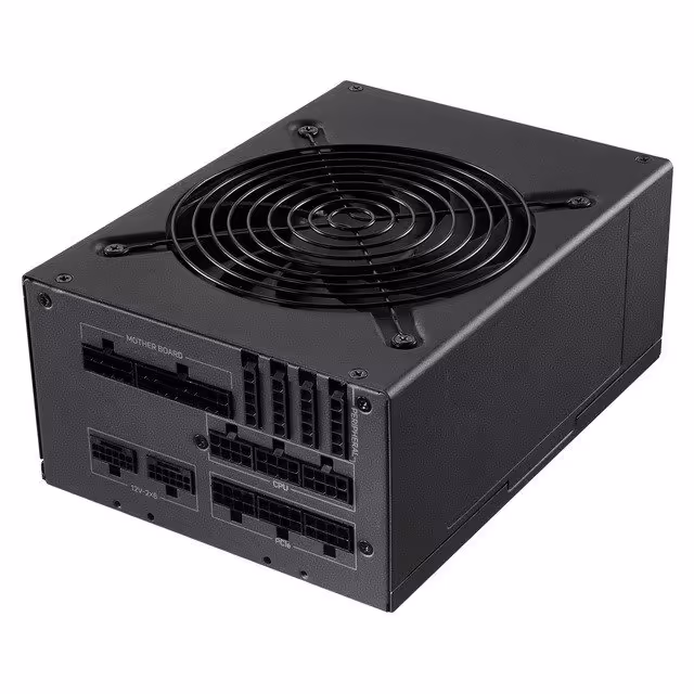 Bloc d’alimentation modulaire FSP noir, vue trois-quarts avec ventilateur supérieur et connecteurs côté arrière