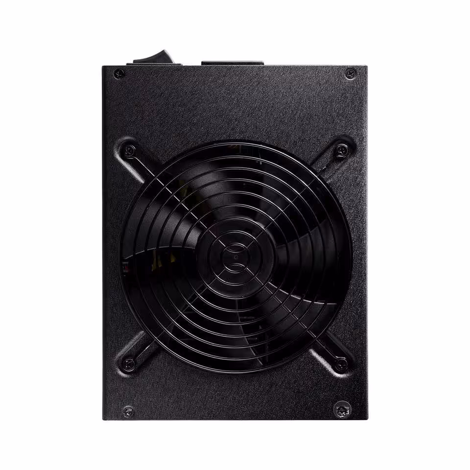 Vue de dessus de l’alimentation FSP noire avec grand ventilateur de refroidissement circulaire