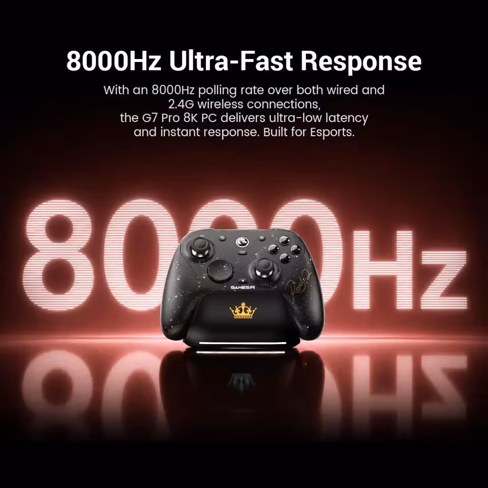 GameSir G7 Pro 8K PC Royal2 Edition : les précommandes ouvrent pour la manette e-sport 8 Manette GameSir G7 Pro 8K PC Royal2 Edition devant texte 8000Hz Ultra-Fast Response